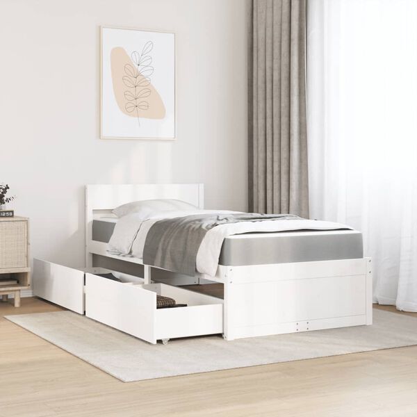 vidaXL Bett mit Schubladen und Matratze Wei&szlig; 100x200 cm Massivholz