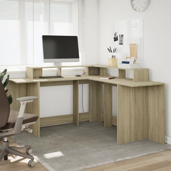 vidaXL LED-Schreibtisch Sonoma-Eiche 152x152x91 cm Holzwerkstoff