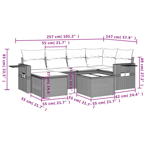vidaXL 7-tlg. Garten-Sofagarnitur mit Kissen Hellgrau Poly Rattan