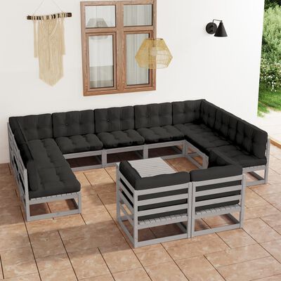 vidaXL 12-tlg. Garten-Lounge-Set mit Kissen Grau Massivholz Kiefer