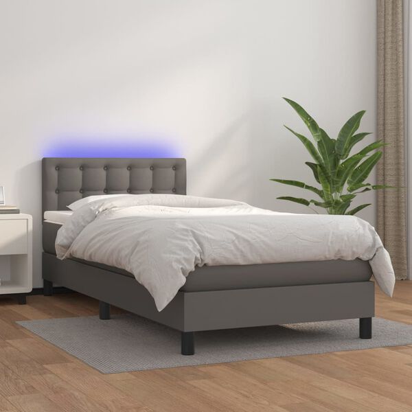 vidaXL Boxspringbett mit Matratze & LED Grau 90x190 cm Kunstleder