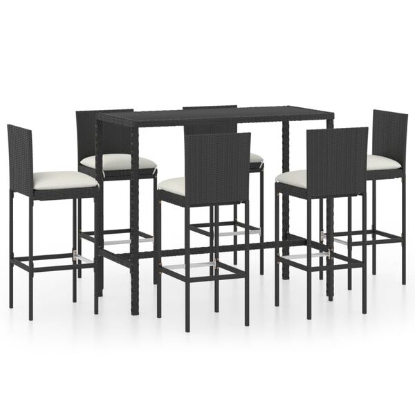 vidaXL 7-tlg. Gartenbar-Set mit Kissen Poly Rattan Schwarz