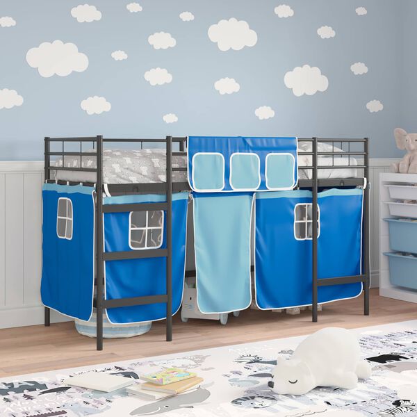 vidaXL Kinder Loft Bettgestell mit Vorh&auml;ngen Schwarz und Blau