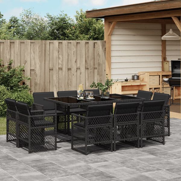 vidaXL 11-tlg. Garten-Essgruppe mit Kissen Schwarz Poly Rattan