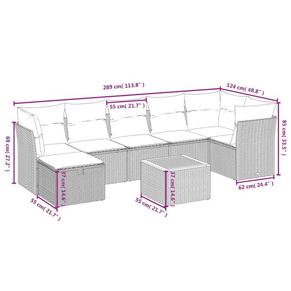 vidaXL 8-tlg. Garten-Sofagarnitur mit Kissen Schwarz Poly Rattan