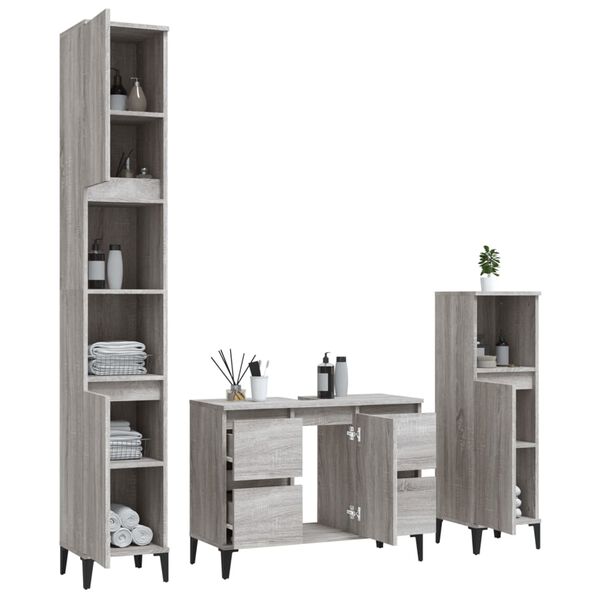 vidaXL 3-tlg. Badm&ouml;bel-Set Grau Sonoma Holzwerkstoff