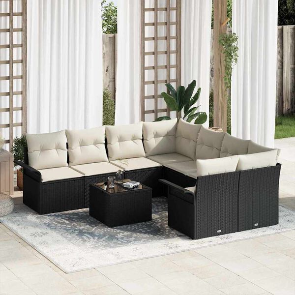 vidaXL Garten-Sofa-Set mit Kissen mit Speicher 9 pcs Schwarz und Creme