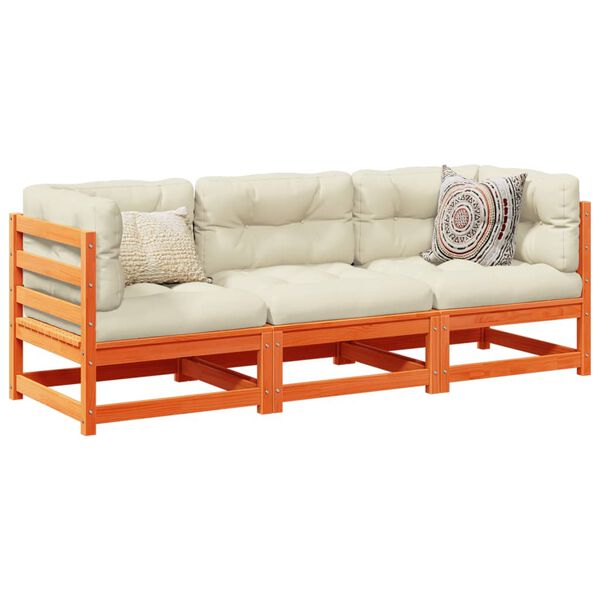 vidaXL 3-tlg. Garten-Sofagarnitur mit Kissen Wachsbraun Kiefernholz