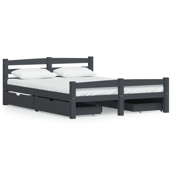 vidaXL Massivholzbett mit 4 Schubladen Dunkelgrau Kiefer 140x200cm