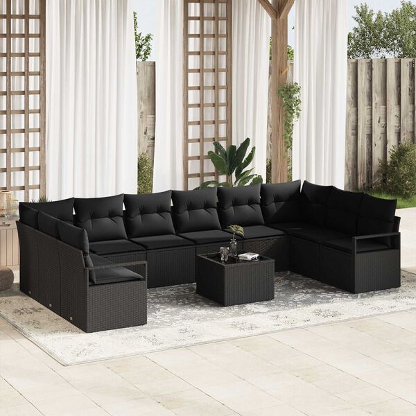 vidaXL Sofa Set mit Kissen mit Speicher 11 pcs Schwarz Poly-Rattan