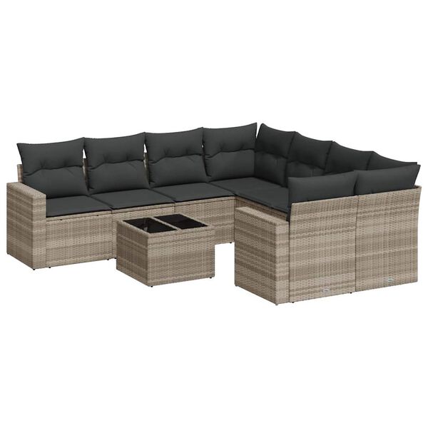 vidaXL 9-tlg. Garten-Sofagarnitur mit Kissen Hellgrau Poly Rattan