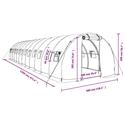 vidaXL Gewächshaus mit Stahlrahmen Weiß 36 m² 12x3x2 m