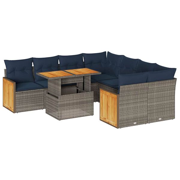 vidaXL 9-tlg. Garten-Sofagarnitur mit Kissen Grau Poly Rattan Akazie