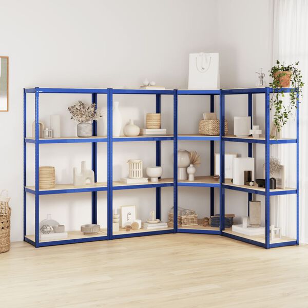 vidaXL Regale mit 4 B&ouml;den 4 Stk. Blau Stahl & Holzwerkstoff