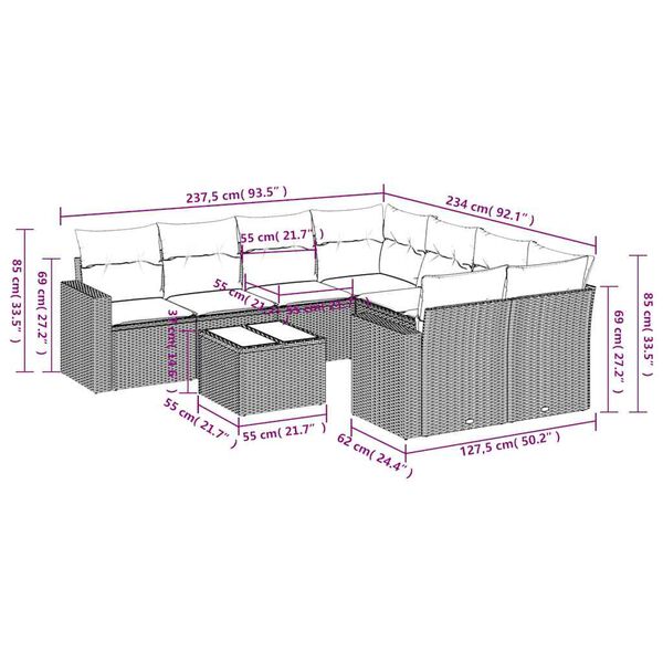 vidaXL 9-tlg. Garten-Sofagarnitur mit Kissen Beige Poly Rattan