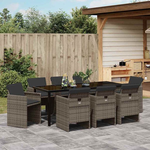 vidaXL Garten Essgruppe mit Kissen 9 pcs Grau Poly-Rattan