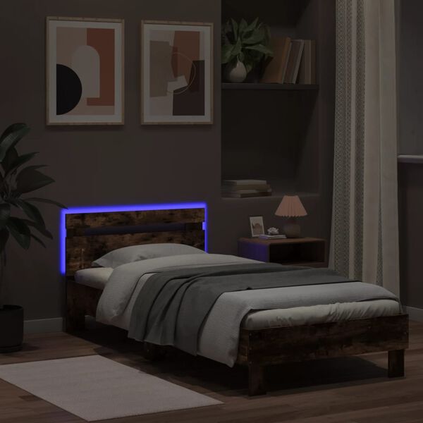 vidaXL Bettgestell mit Kopfteil und LED-Leuchten R&auml;uchereiche 90x190cm