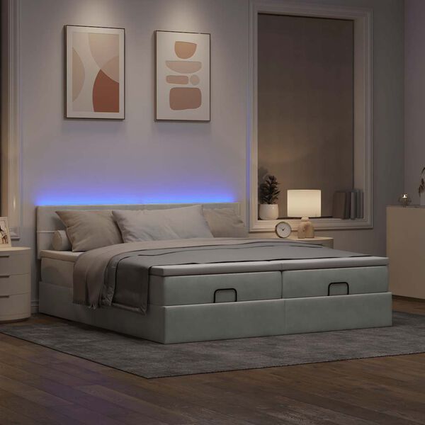 vidaXL Ottoman-Bett mit Matratzen & LEDs Hellgrau 200x200 cm Samt