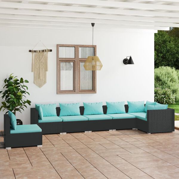vidaXL 7-tlg. Garten-Lounge-Set mit Kissen Poly Rattan Schwarz