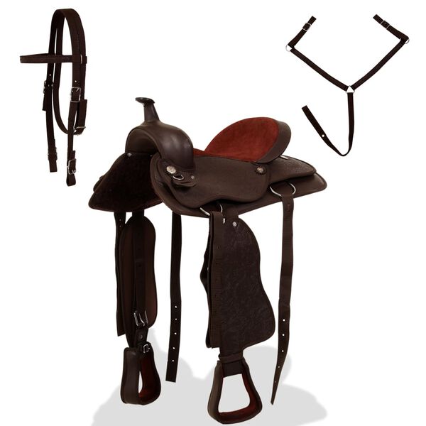 vidaXL Western-Sattel, Halfter & Brustblatt Echtleder 17" Braun