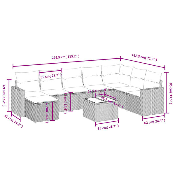 vidaXL 9-tlg. Garten-Sofagarnitur mit Kissen Hellgrau Poly Rattan