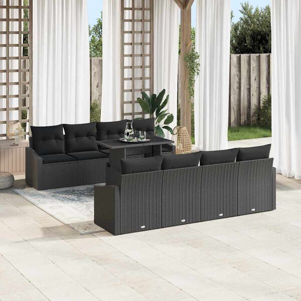 vidaXL Garten-Sofa-Set mit Kissen 9 pcs Schwarz Poly-Rattan