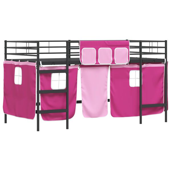 vidaXL Kinder Loft Bettgestell mit Vorh&auml;ngen Schwarz und Pink