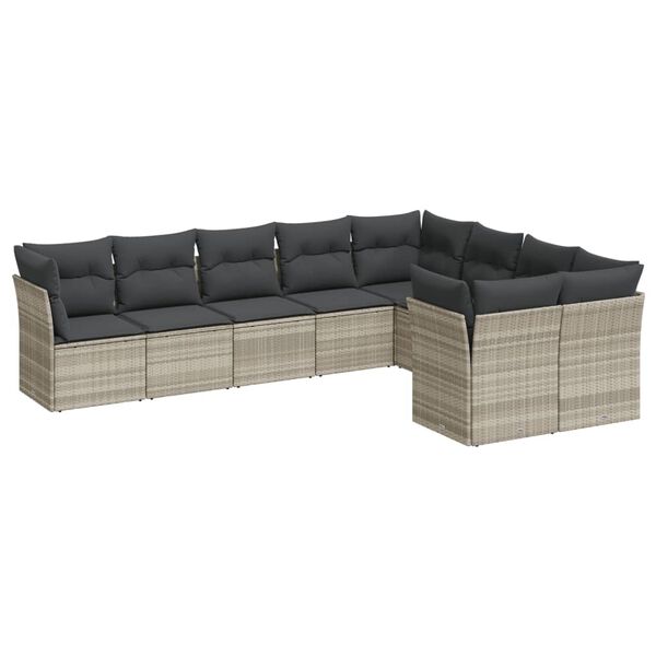 vidaXL 9-tlg. Garten-Sofagarnitur mit Kissen Hellgrau Poly Rattan