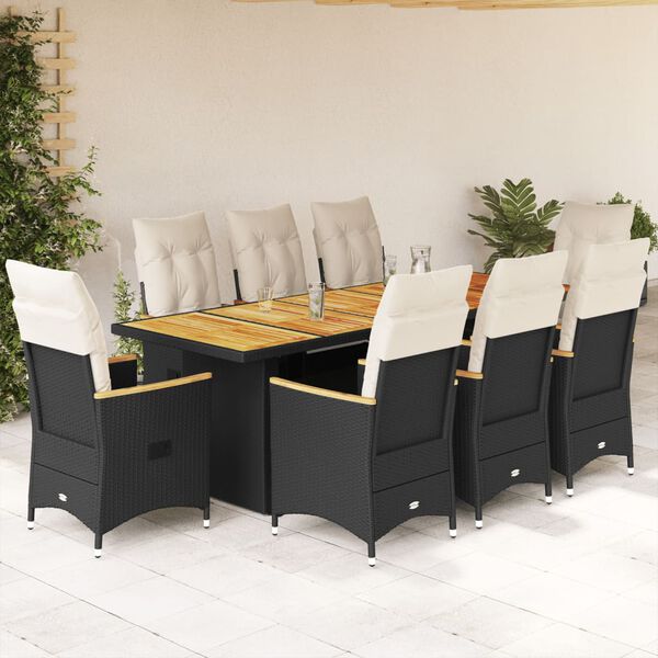 vidaXL 9-tlg. Garten-Bistro-Set mit Kissen Schwarz Poly Rattan