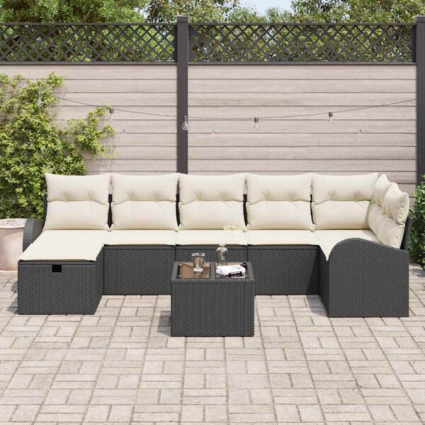 vidaXL Sofa Set mit Kissen mit Speicher Schwarz und Creme Poly-Rattan