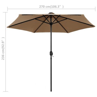 vidaXL Sonnenschirm mit LED-Beleuchtung und Alu-Mast 270 cm Taupe