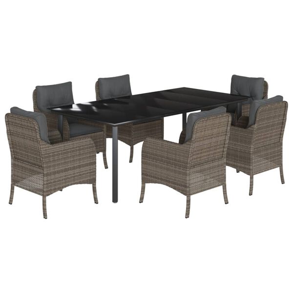 vidaXL 7-tlg. Garten-Essgruppe mit Kissen Grau Poly Rattan
