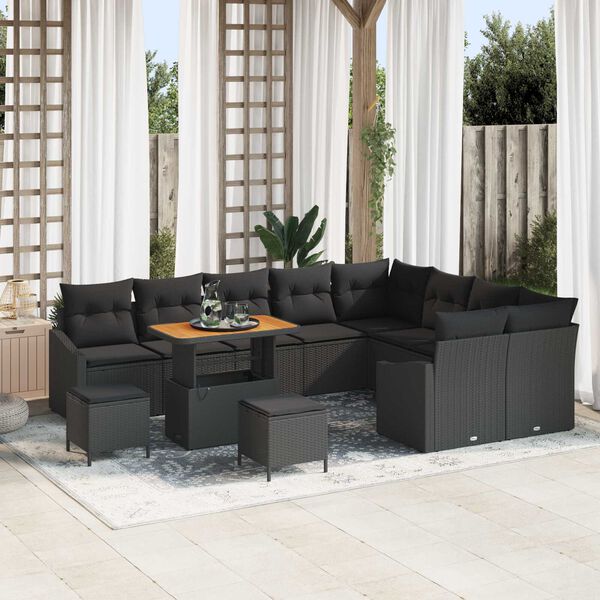 vidaXL Garten-Sofa-Set mit Kissen 12 pcs Schwarz Poly Rattan