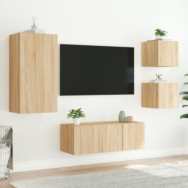 vidaXL 5-tlg. Wohnwand mit LED-Beleuchtung Sonoma-Eiche Holzwerkstoff