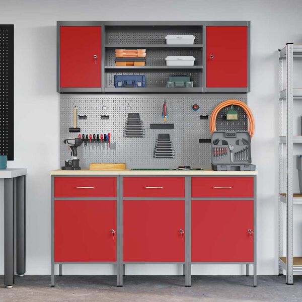 vidaXL Werkbank mit Schubladen 7 pcs Rot Ingenieure Holz und Stahl