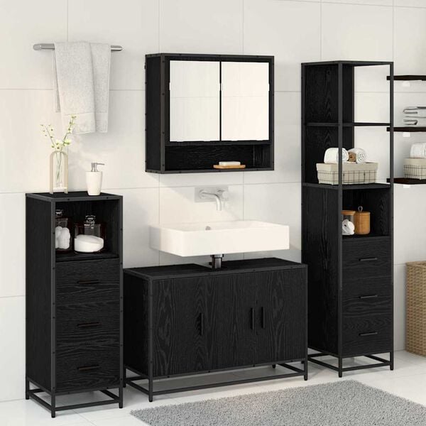 vidaXL Badezimmerm&ouml;bel-Set 4 pcs Schwarz Eichen-Optik Holzwerkstoff