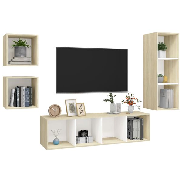 vidaXL 4-tlg. TV-Schrank-Set Weiß Sonoma-Eiche Holzwerkstoff