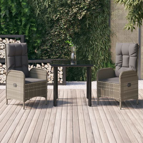 vidaXL 3-tlg. Garten-Essgruppe mit Kissen Schwarz und Grau Poly Rattan
