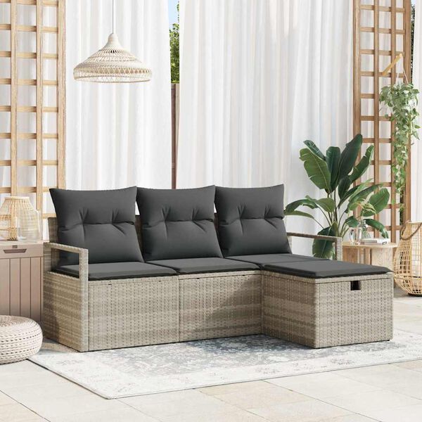 vidaXL Sofa Set mit Kissen mit Speicher 4 pcs Hellgrau Poly-Rattan