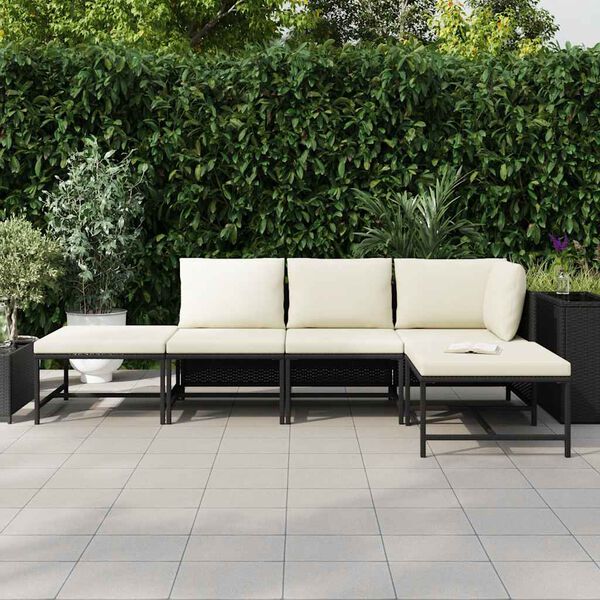 vidaXL 5-tlg. Garten-Sofagarnitur mit Auflagen Schwarz Poly Rattan