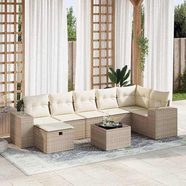 vidaXL 7-tlg. Garten-Sofagarnitur mit Kissen Beige Poly Rattan