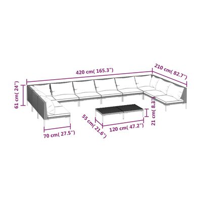 vidaXL 11-tlg. Garten-Lounge-Set mit Kissen Poly Rattan Dunkelgrau