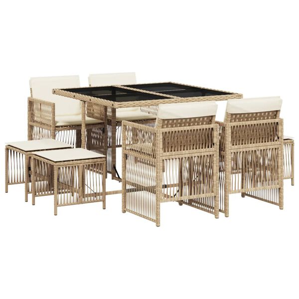 vidaXL 9-tlg. Garten-Essgruppe mit Kissen Beige Poly Rattan
