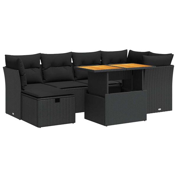 vidaXL 7-tlg. Garten-Sofagarnitur mit Kissen Schwarz Poly Rattan