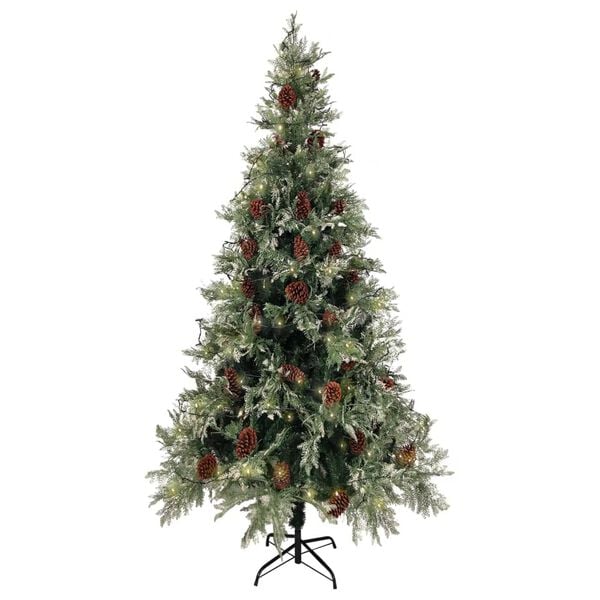 vidaXL Weihnachtsbaum mit Beleuchtung und Kiefernzapfen 225 cm PVC&PE