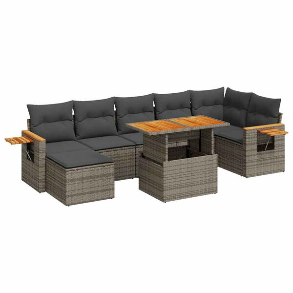 vidaXL 8-tlg. Garten-Sofagarnitur mit Kissen Grau Poly Rattan Akazie