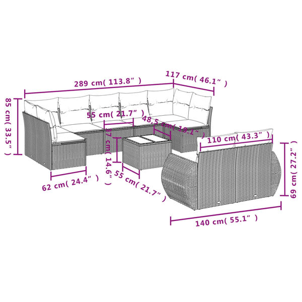 vidaXL 10-tlg. Garten-Sofagarnitur mit Kissen Beige Poly Rattan