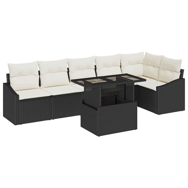 vidaXL Garten-Sofa-Set mit Kissen mit Speicher 7 pcs Schwarz und Creme
