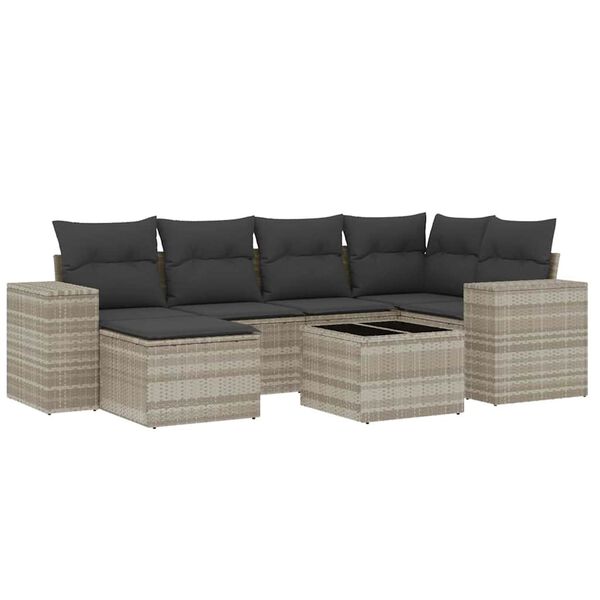 vidaXL 7-tlg. Garten-Sofagarnitur mit Kissen Hellgrau Poly Rattan