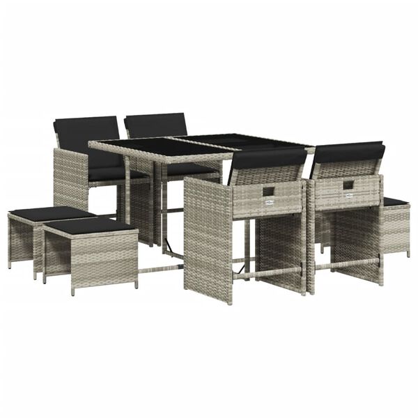 vidaXL 9-tlg. Garten-Essgruppe mit Kissen Hellgrau Poly Rattan